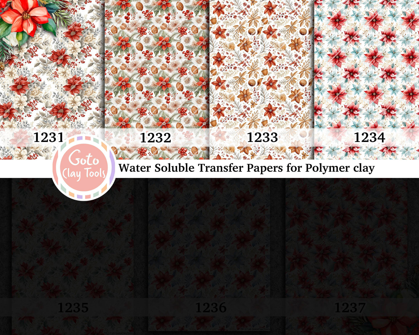 Christmas floral Water soluble Transfer paper for polymer clay, Colorful flower patterns, polymer clay image transfers, magic transfer paper