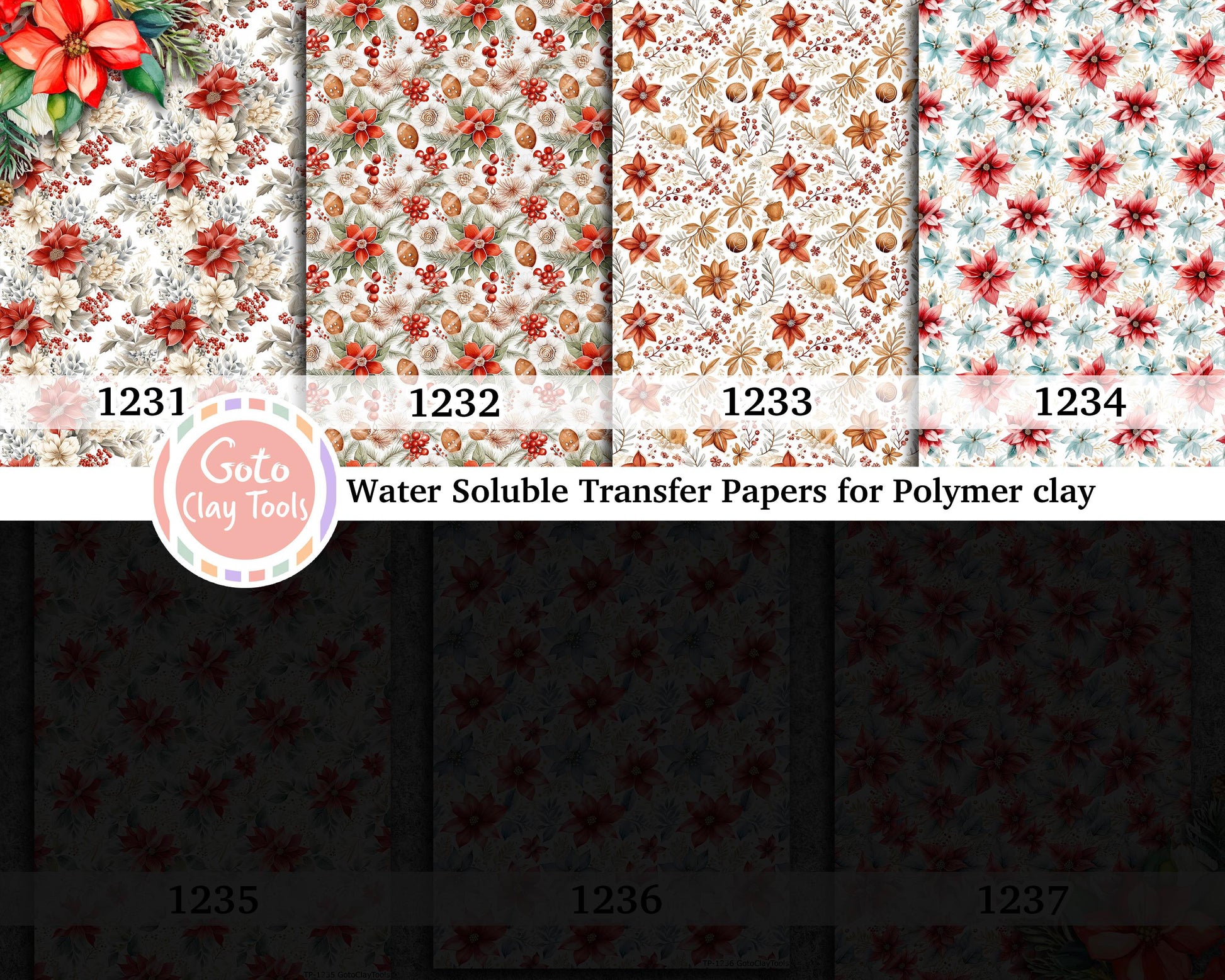 Christmas floral Water soluble Transfer paper for polymer clay, Colorful flower patterns, polymer clay image transfers, magic transfer paper