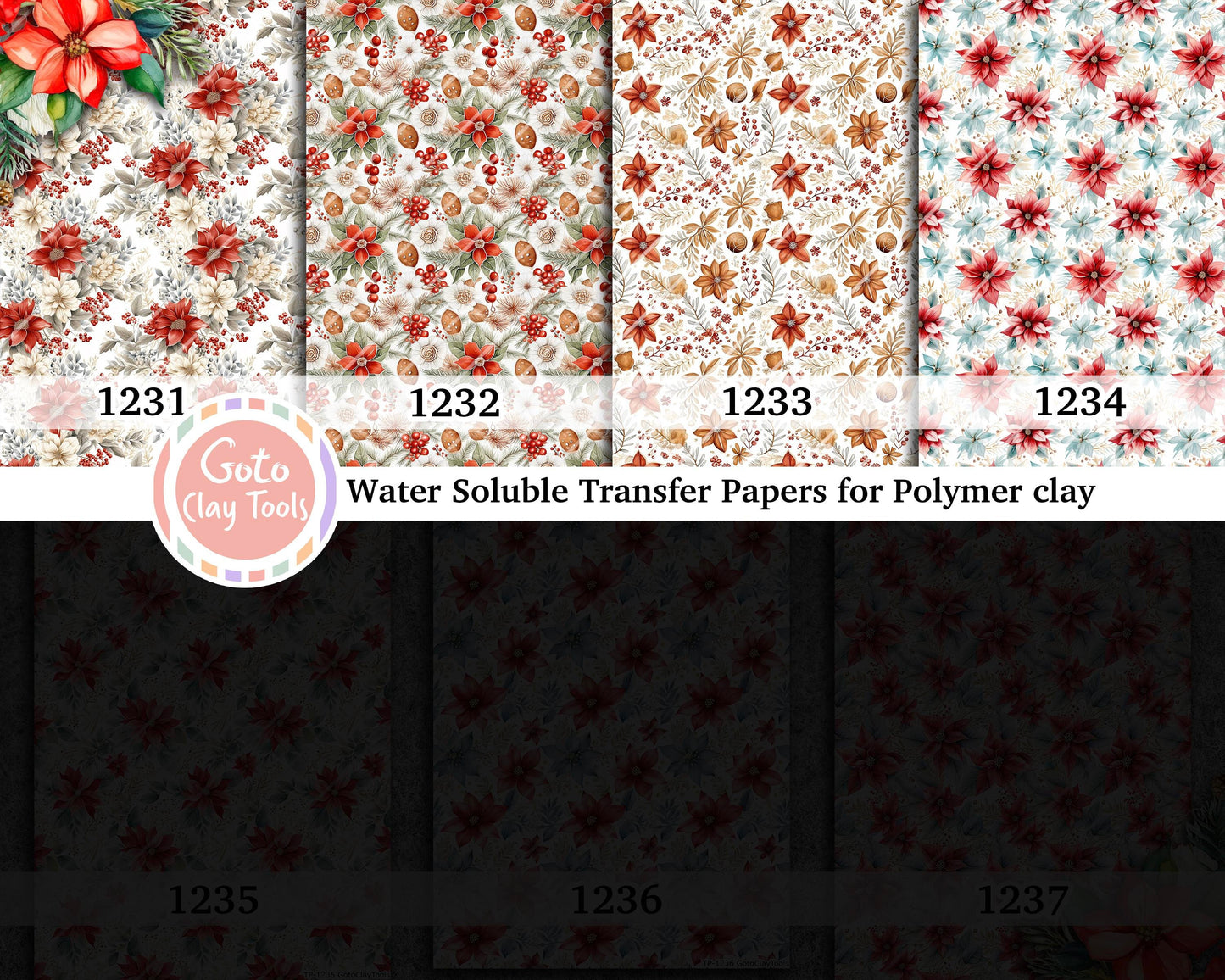 Christmas Floral Transfer Paper for Polymer Clay (4x5.5 inches)