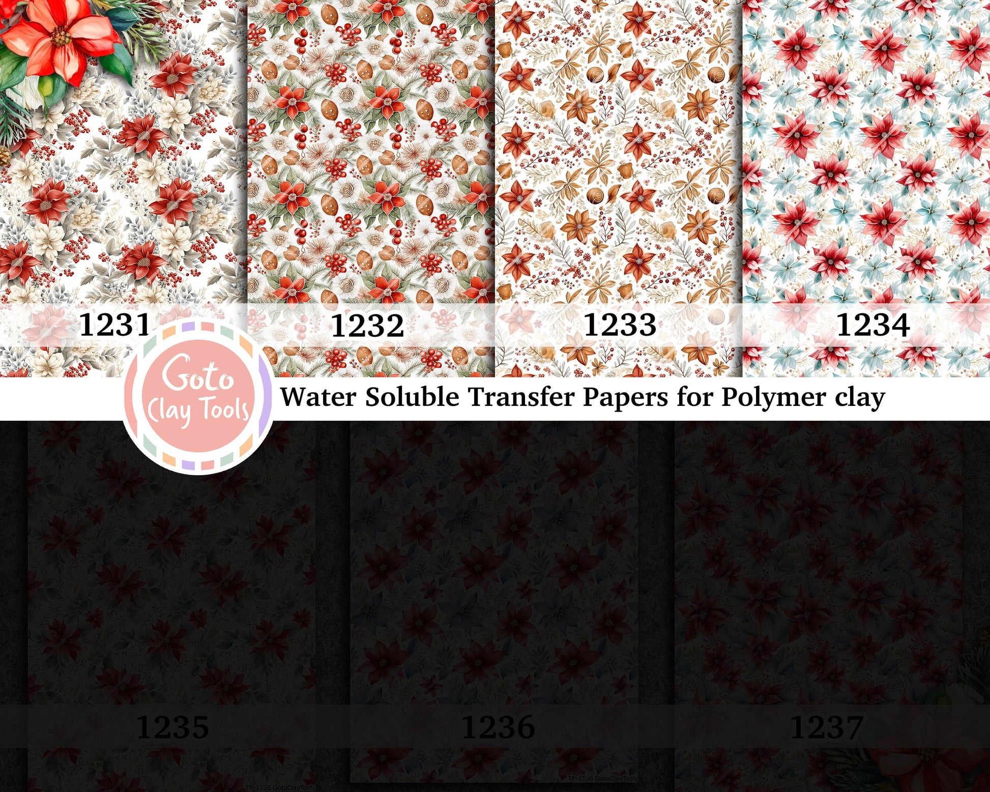 Christmas Floral Transfer Paper for Polymer Clay (4x5.5 inches)