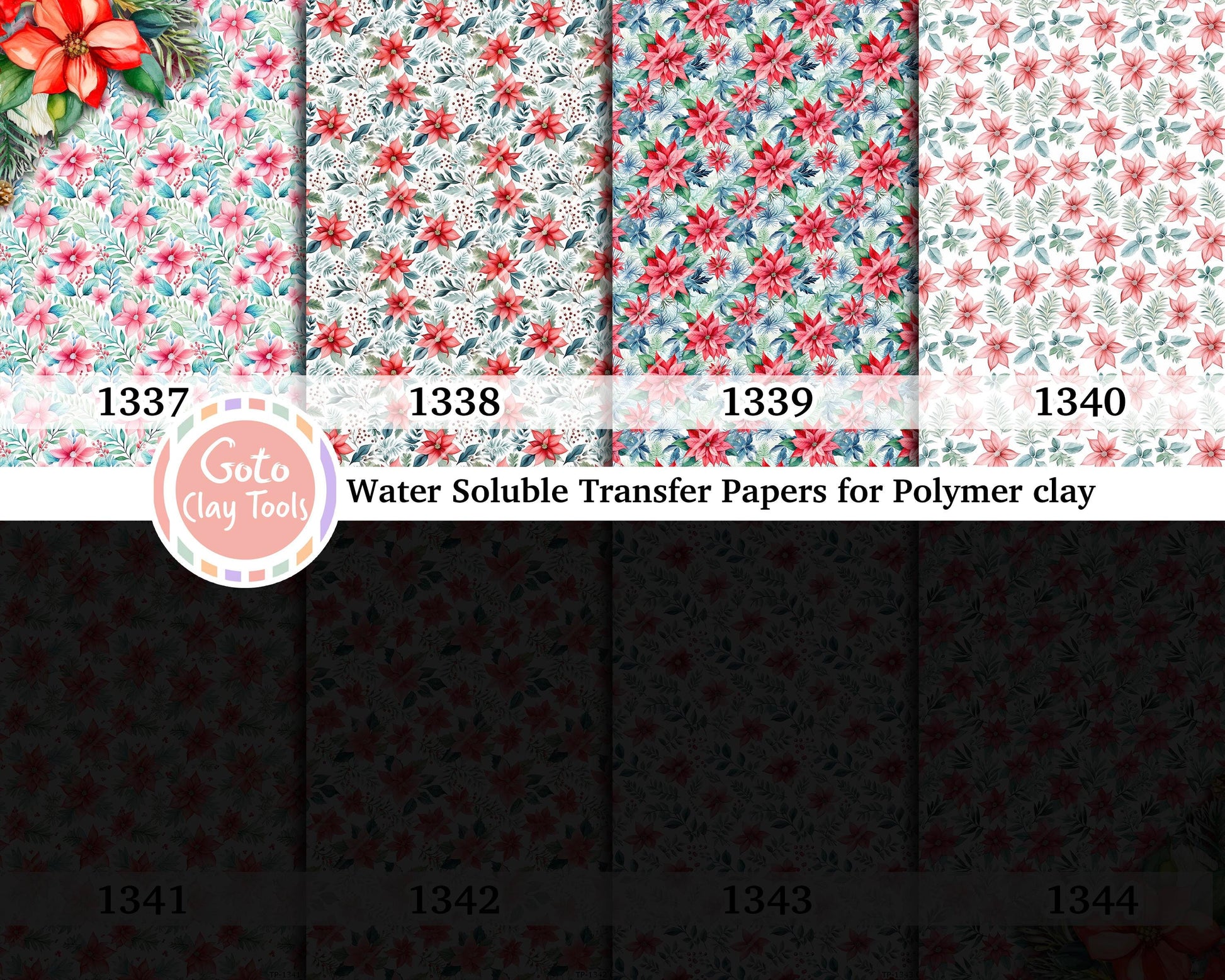 Water soluble Transfer paper for polymer clay, Christmas poinsettia, polymer clay image transfers, magic transfer paper