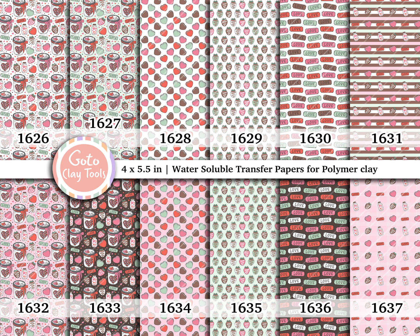Valentine Polymer Clay Transfer Paper: Love Hearts, Strawberries (4x5.5 in)