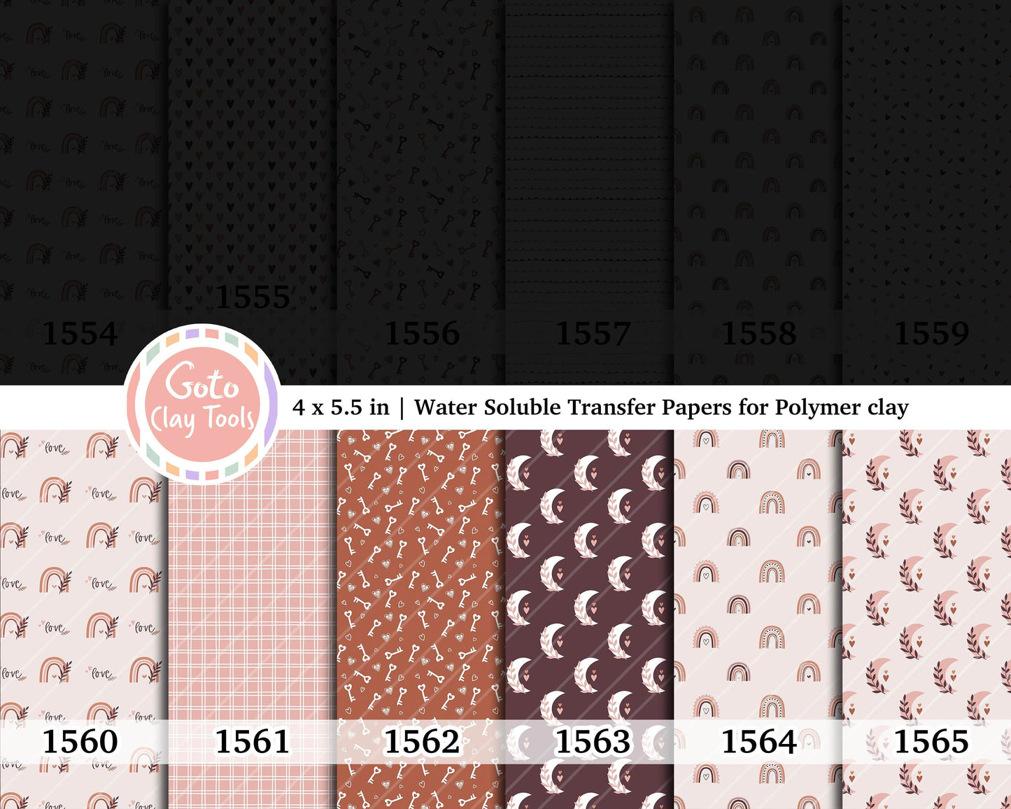 Valentine Water soluble Transfer paper for polymer clay, Bohemian love heart rainbow key, polymer clay image transfers, magic transfer paper