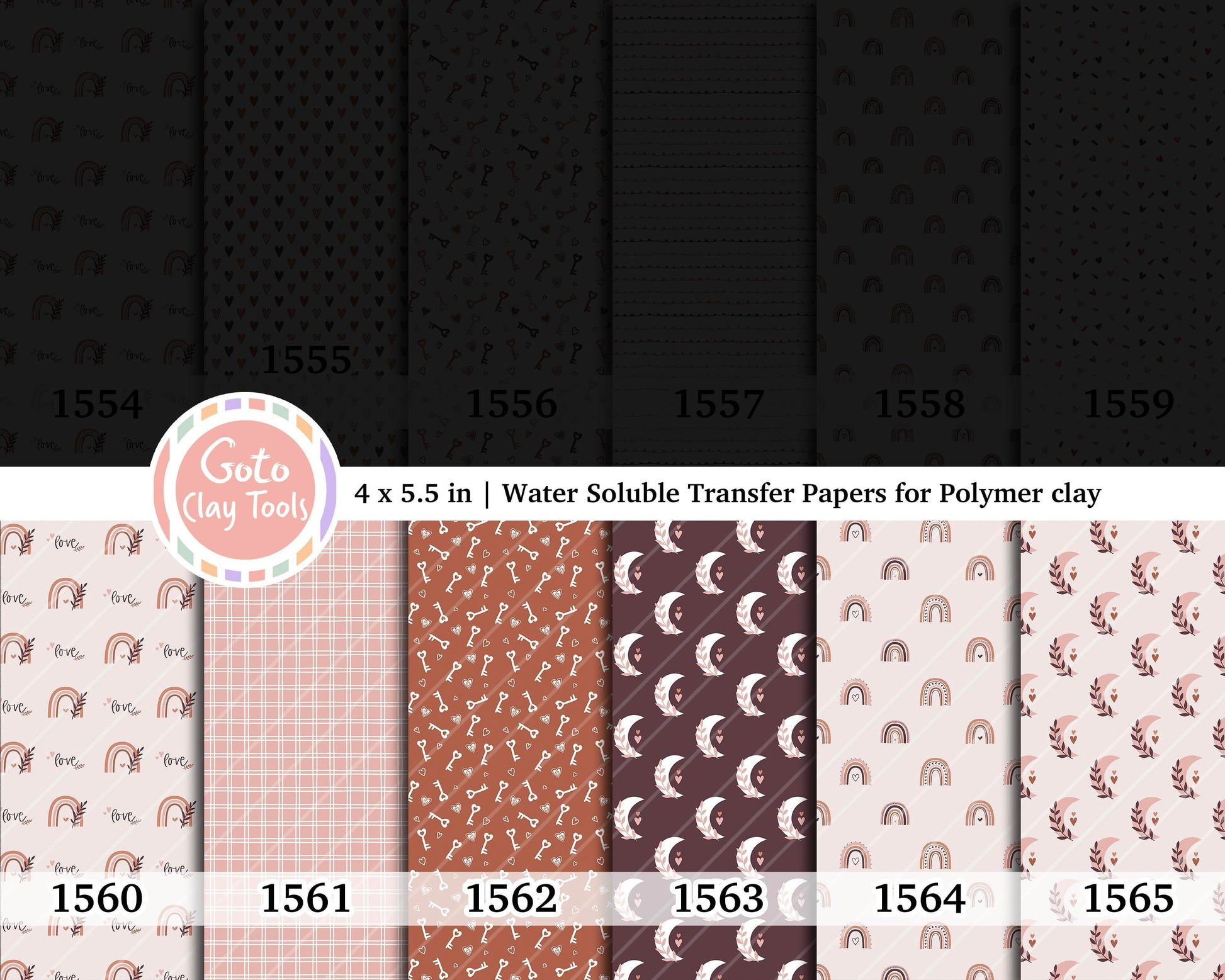 Valentine Water soluble Transfer paper for polymer clay, Bohemian love heart rainbow key, polymer clay image transfers, magic transfer paper