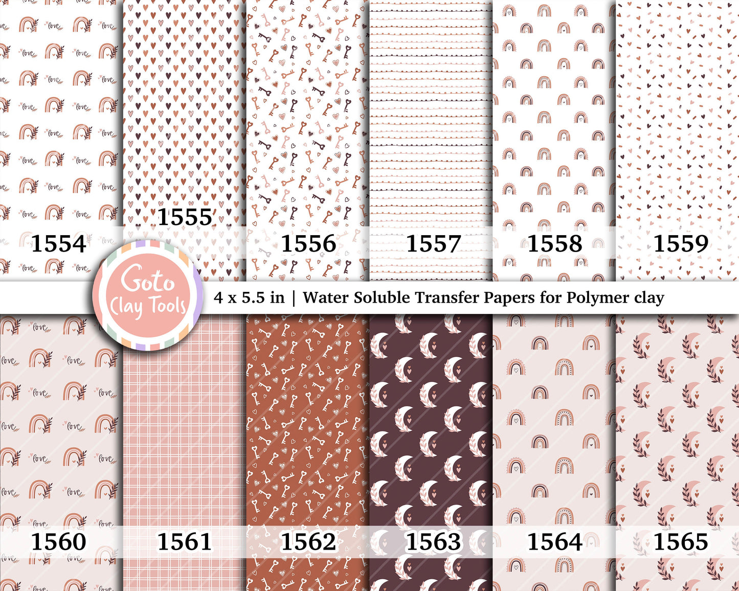 Valentine Water Soluble Transfer Paper for Polymer Clay: Bohemian Hearts, Rainbows (4x5.5 inches)
