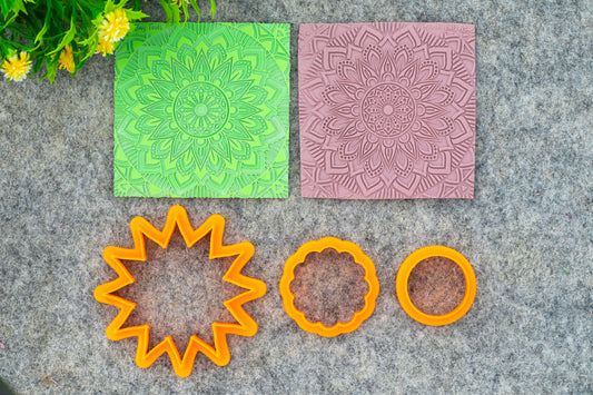 Mandala Texture Mat with Cutter Set: Polymer Clay Rubber Tile #M-6
