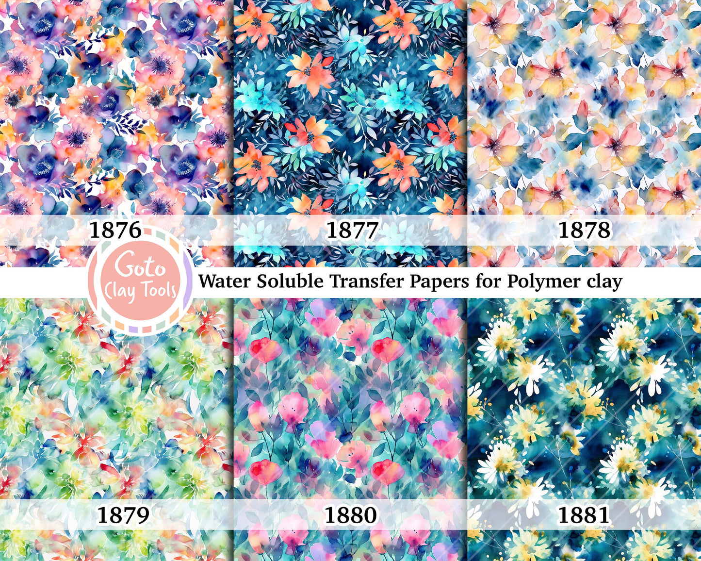 Blue floral Water soluble Transfer paper for polymer clay, Colorful watercolor flower, polymer clay image transfers, magic transfer paper