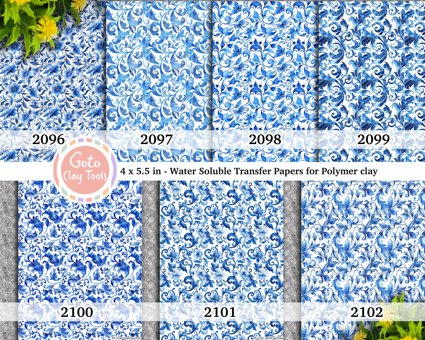 Ornamental floral Water soluble Transfer paper for polymer clay, Blue floral patterns, polymer clay image transfers, magic transfer paper