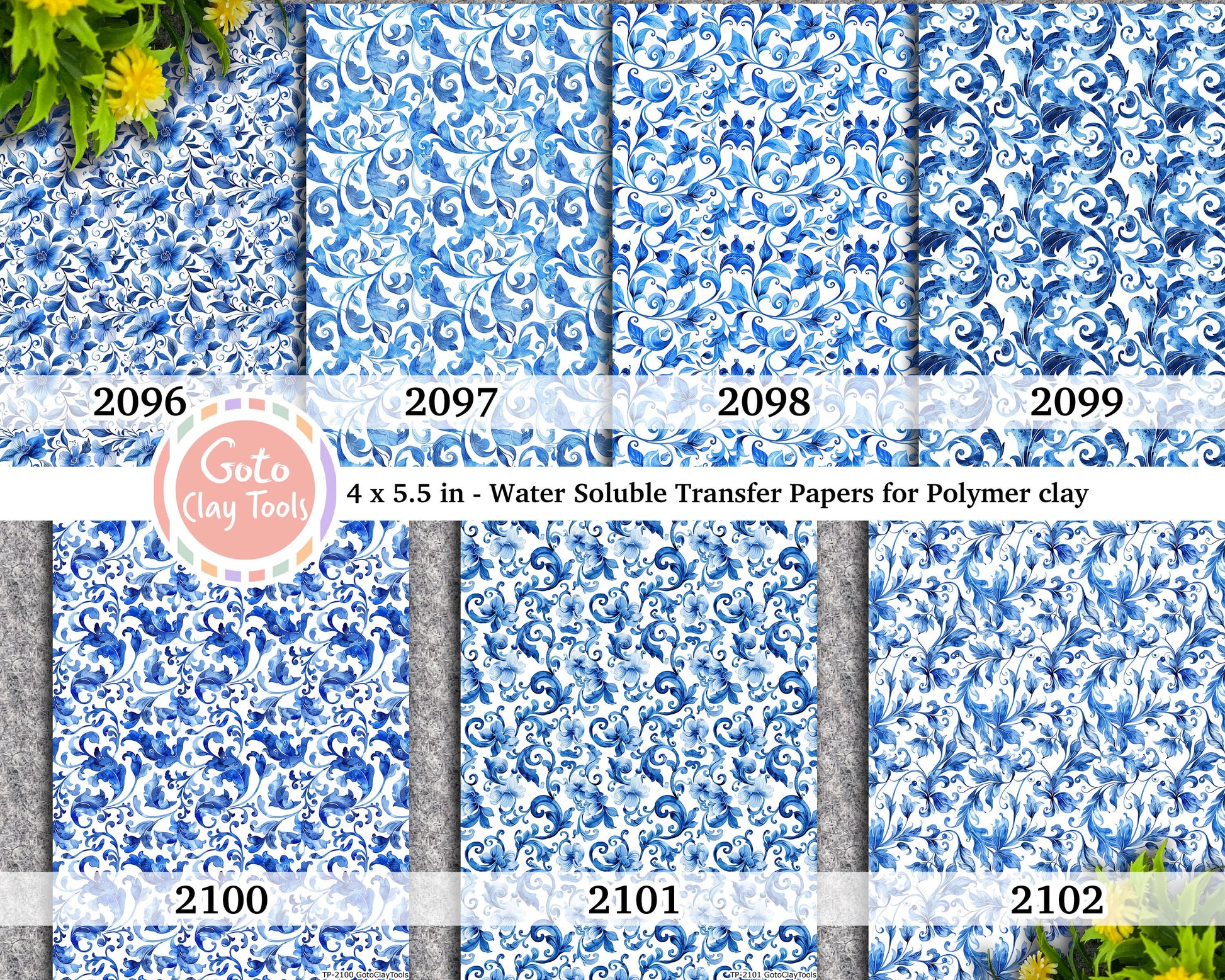 Ornamental floral Water soluble Transfer paper for polymer clay, Blue floral patterns, polymer clay image transfers, magic transfer paper