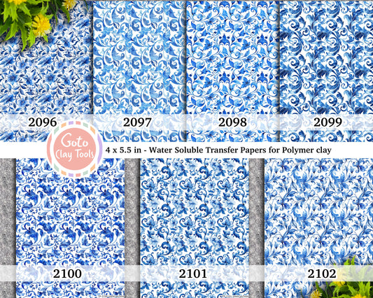Ornamental floral Water soluble Transfer paper for polymer clay, Blue floral patterns, polymer clay image transfers, magic transfer paper