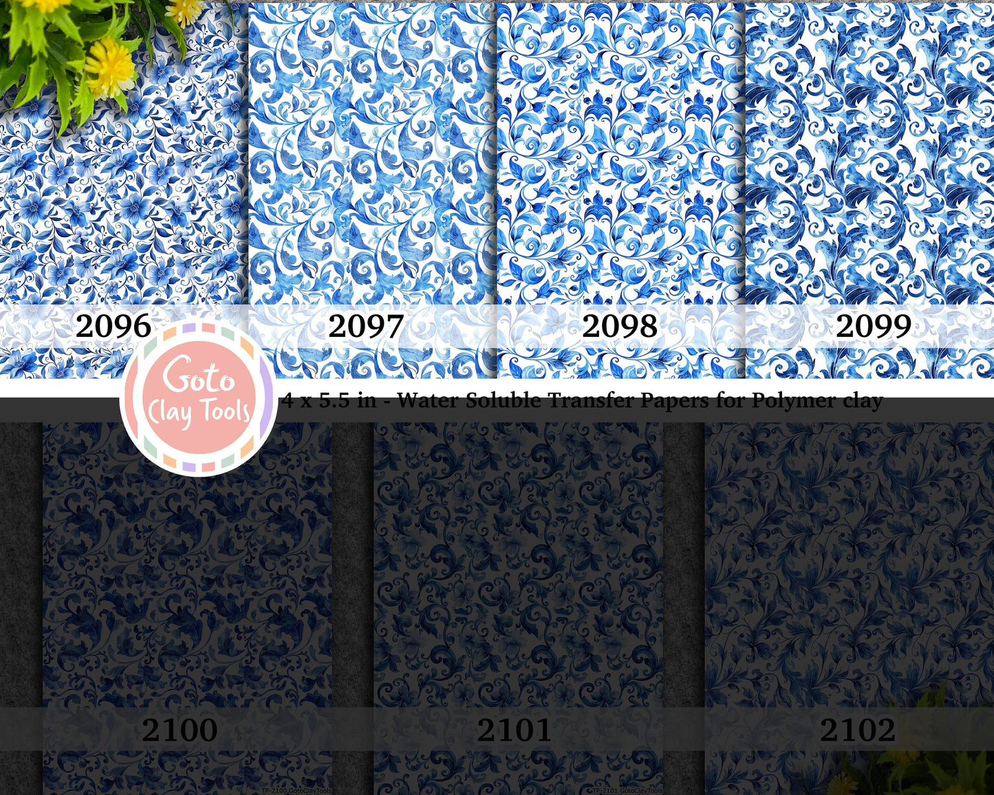Ornamental floral Water soluble Transfer paper for polymer clay, Blue floral patterns, polymer clay image transfers, magic transfer paper