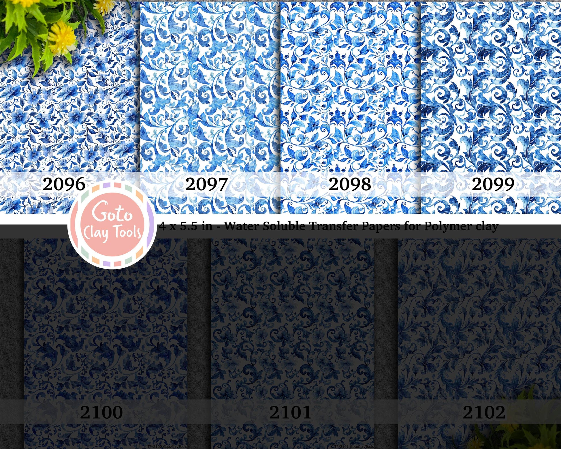 Ornamental floral Water soluble Transfer paper for polymer clay, Blue floral patterns, polymer clay image transfers, magic transfer paper