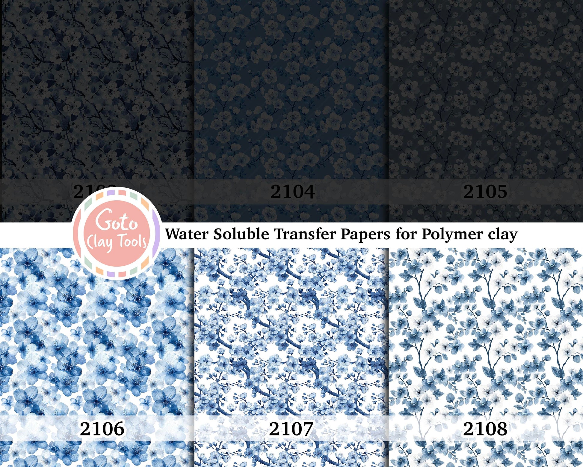 Water soluble Transfer paper for polymer clay, Blue Chinoiserie floral, polymer clay image transfers, magic transfer paper