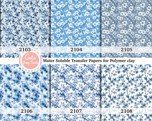 Water soluble Transfer paper for polymer clay, Blue Chinoiserie floral, polymer clay image transfers, magic transfer paper