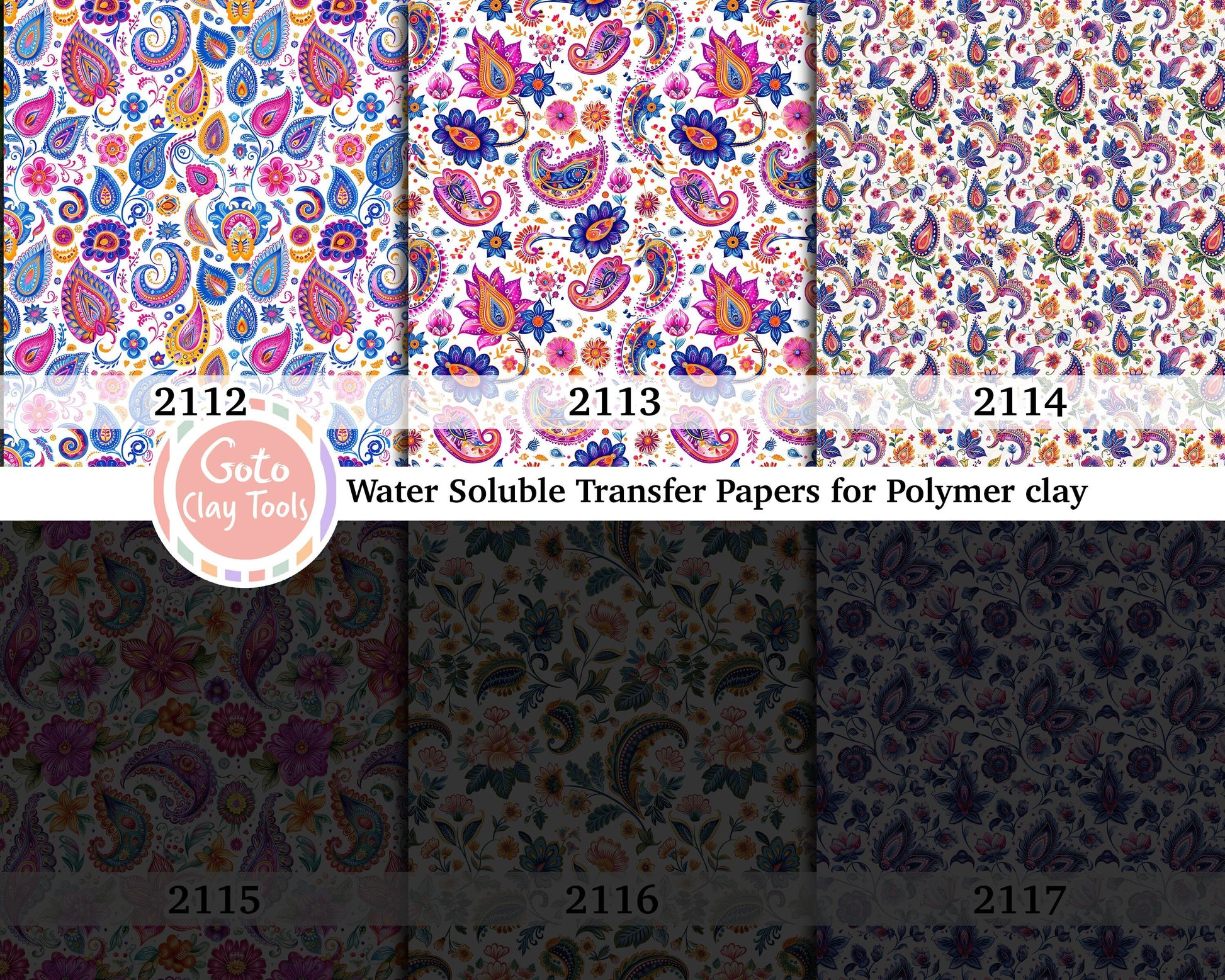Water soluble Transfer paper for polymer clay, Colorful Paisley floral pattern, polymer clay image transfers, magic transfer paper