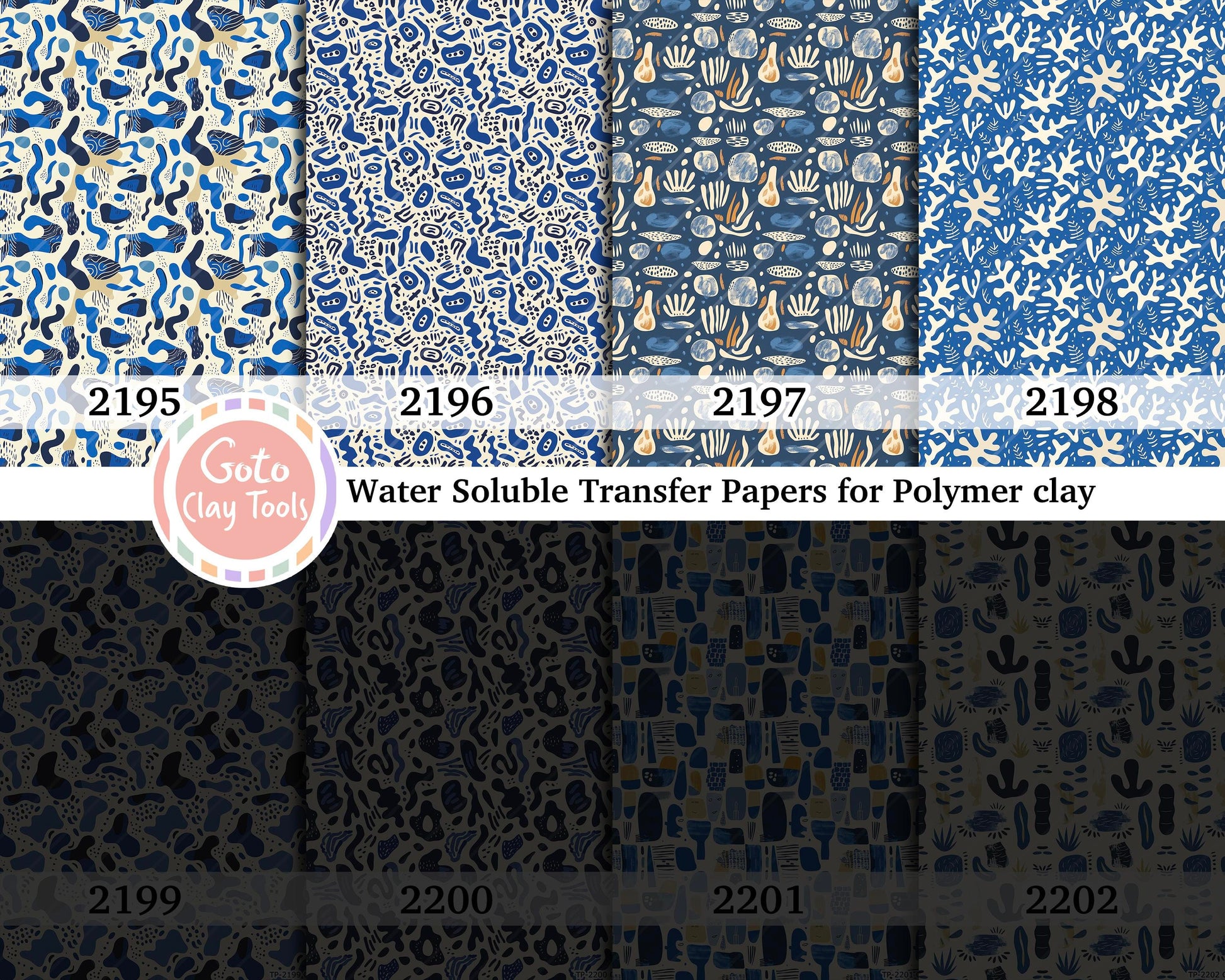 Water soluble Transfer paper for polymer clay, Blue Matisse pattern, polymer clay image transfers, magic transfer paper