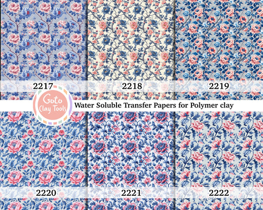 Water soluble Transfer paper for polymer clay, Blue and peach rose floral pattern, polymer clay image transfers, magic transfer paper