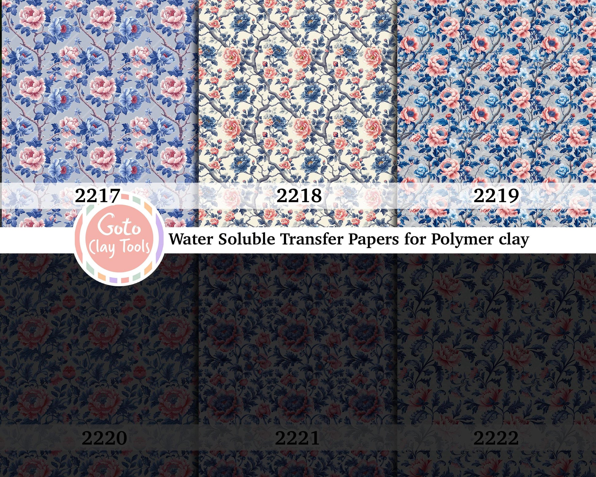 Water soluble Transfer paper for polymer clay, Blue and peach rose floral pattern, polymer clay image transfers, magic transfer paper