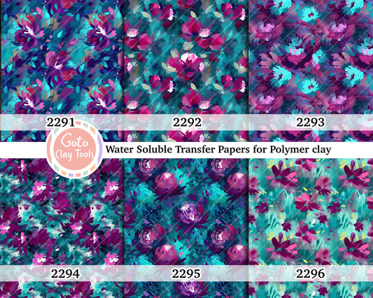 Water soluble Transfer paper for polymer clay, Teal and purple abstract floral pattern, polymer clay image transfers, magic transfer paper