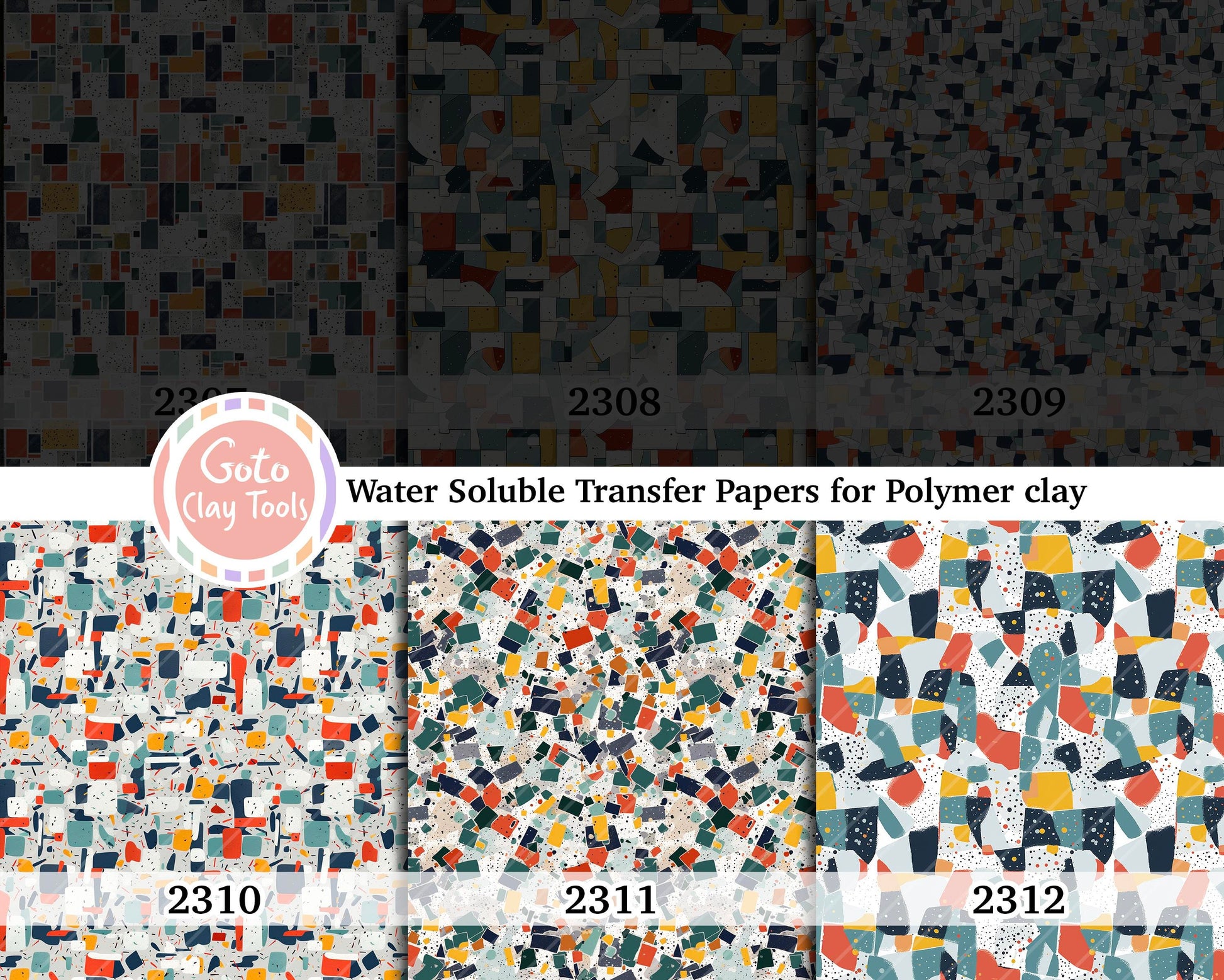 Water soluble Transfer paper for polymer clay, Abstract Mosaic pattern, polymer clay image transfers, magic transfer paper