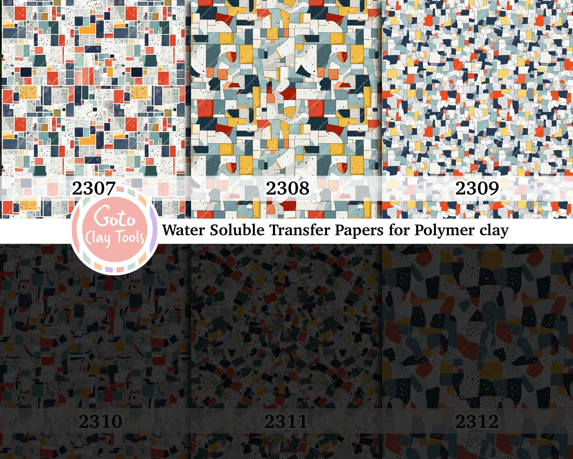 Water soluble Transfer paper for polymer clay, Abstract Mosaic pattern, polymer clay image transfers, magic transfer paper
