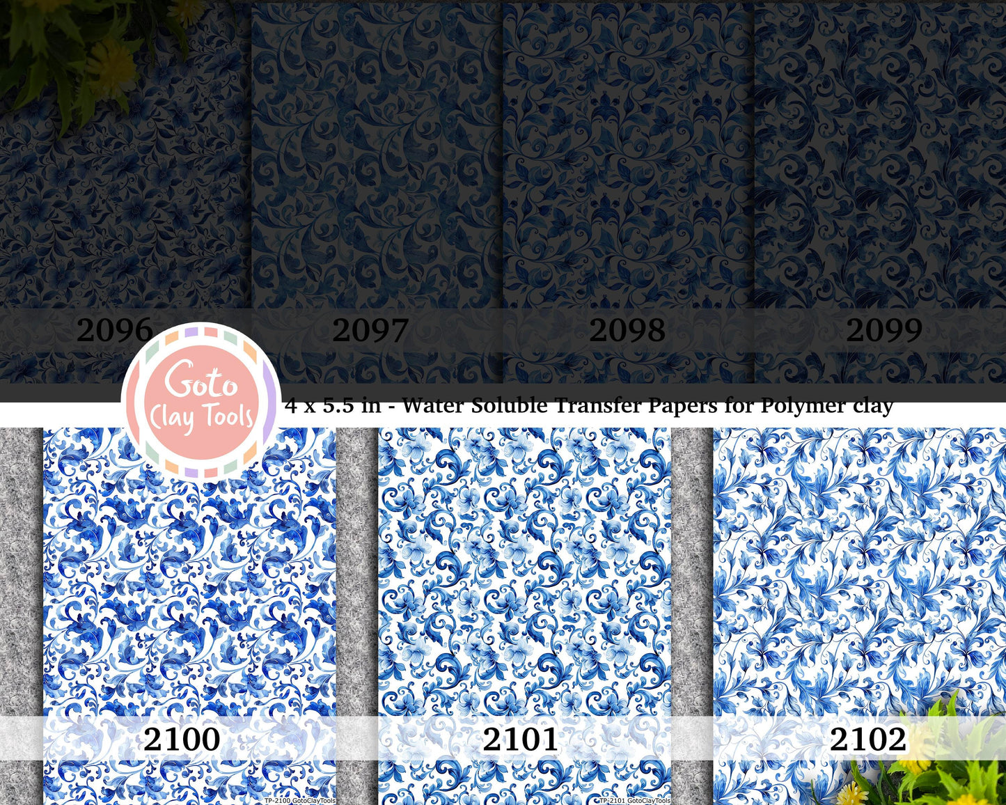 Ornamental floral Water soluble Transfer paper for polymer clay, Blue floral patterns, polymer clay image transfers, magic transfer paper