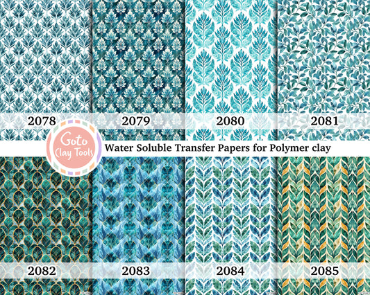 Water soluble Transfer paper for polymer clay, Damask green leaves, polymer clay image transfers, magic transfer paper