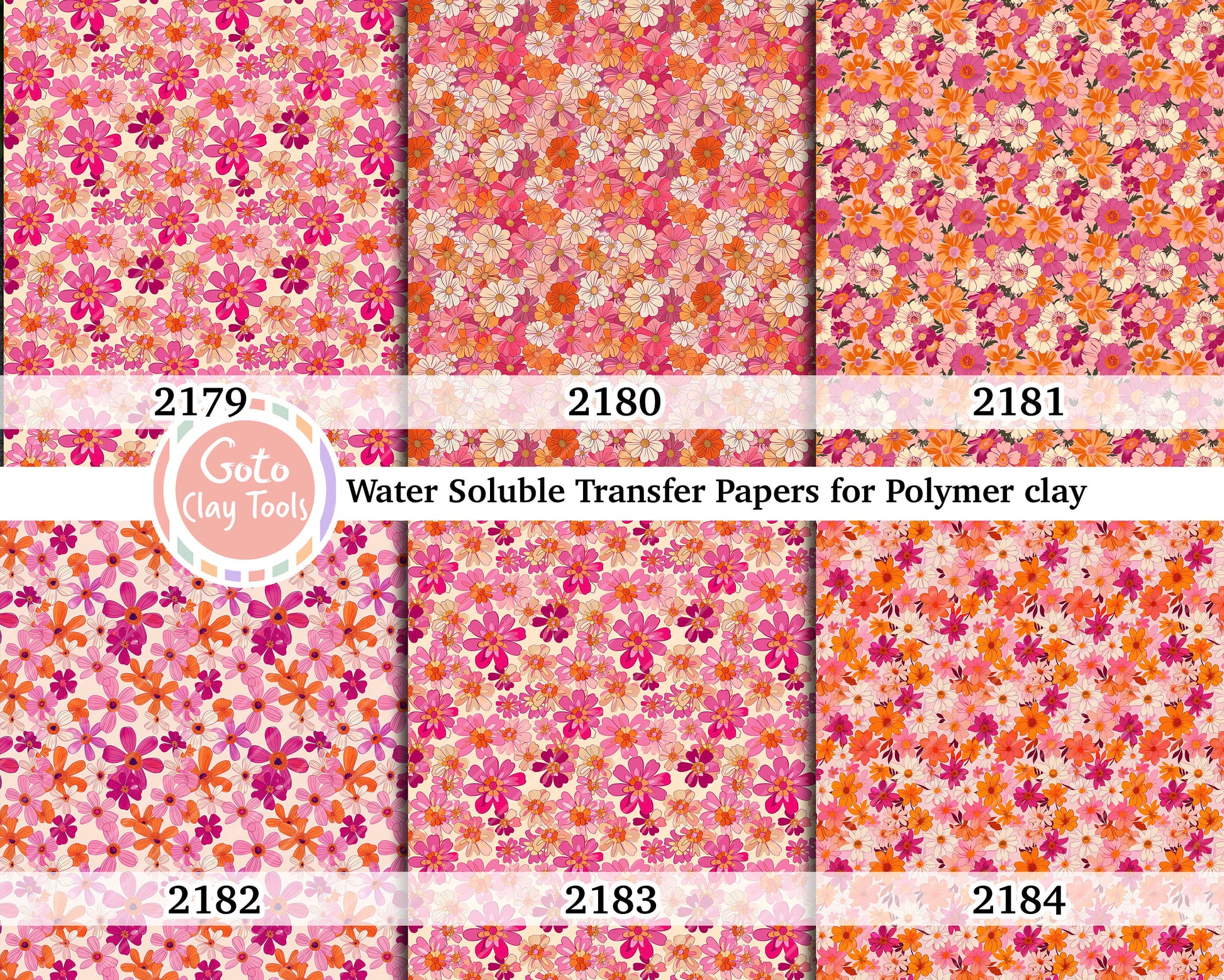 Water soluble Transfer paper for polymer clay, Orange and pink retro floral, polymer clay image transfers, magic transfer paper