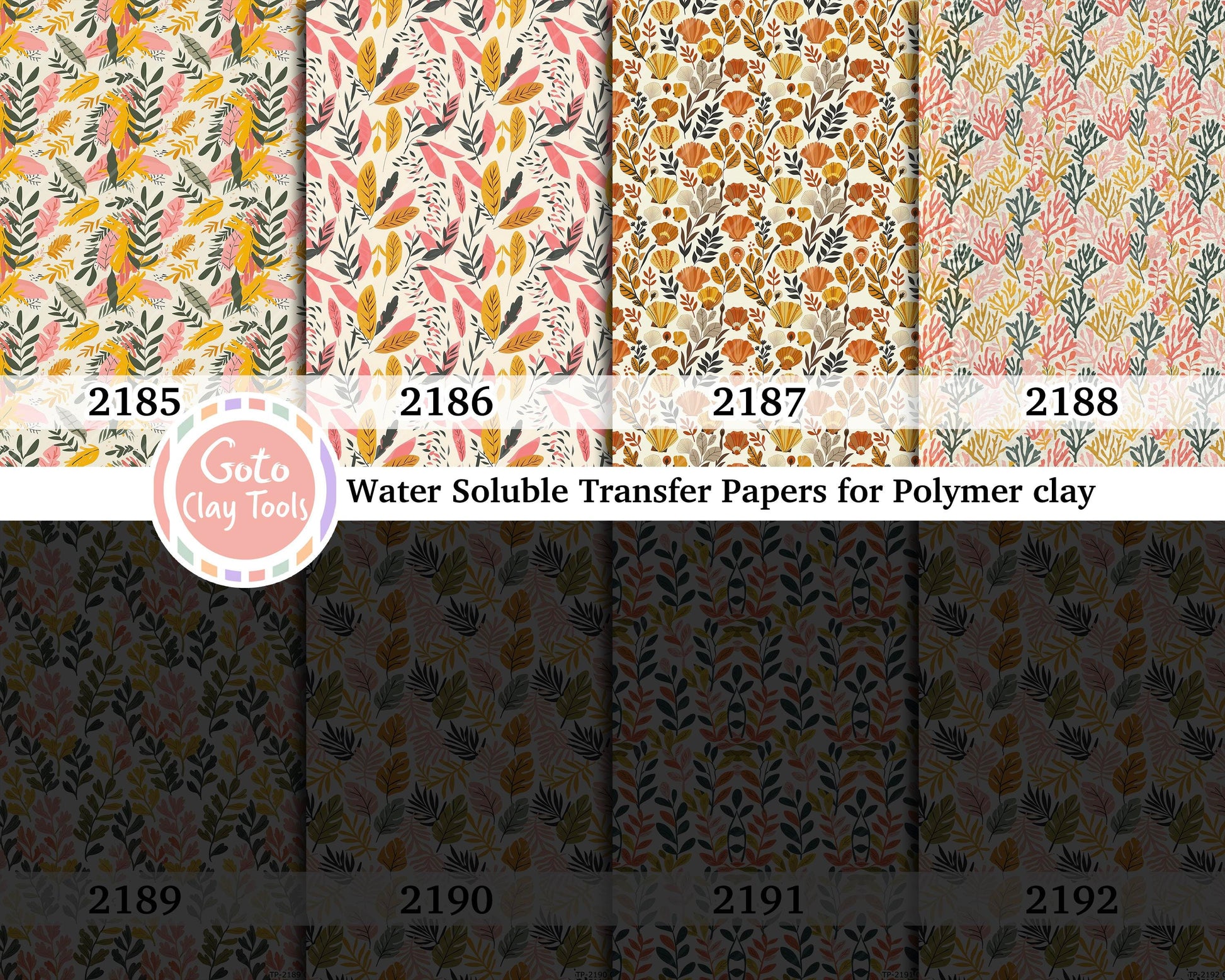 Water soluble Transfer paper for polymer clay, Bohemian Leaves and coral grass, polymer clay image transfers, magic transfer paper