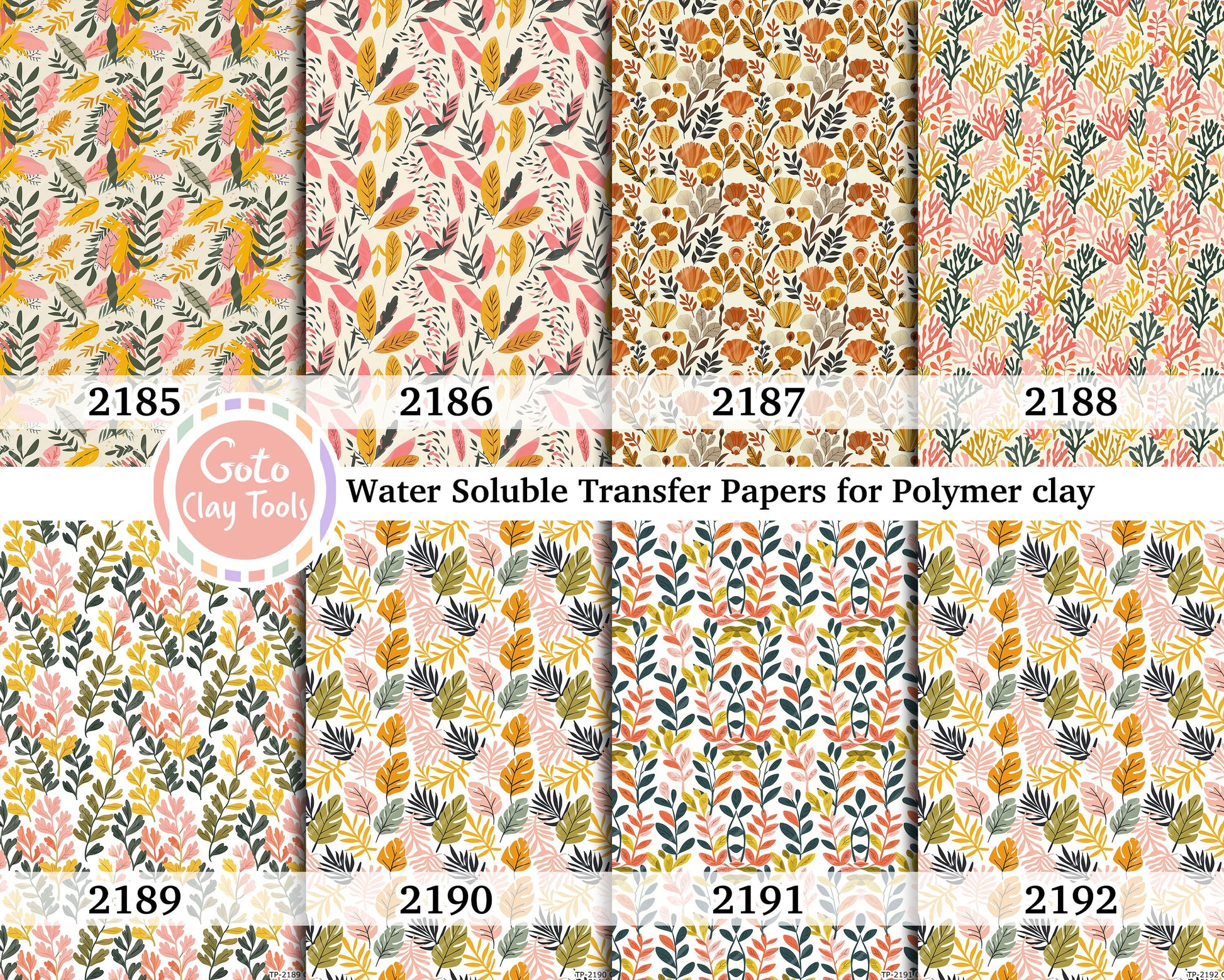 Water soluble Transfer paper for polymer clay, Bohemian Leaves and coral grass, polymer clay image transfers, magic transfer paper