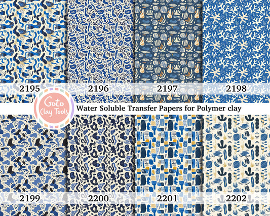 Water soluble Transfer paper for polymer clay, Blue Matisse pattern, polymer clay image transfers, magic transfer paper