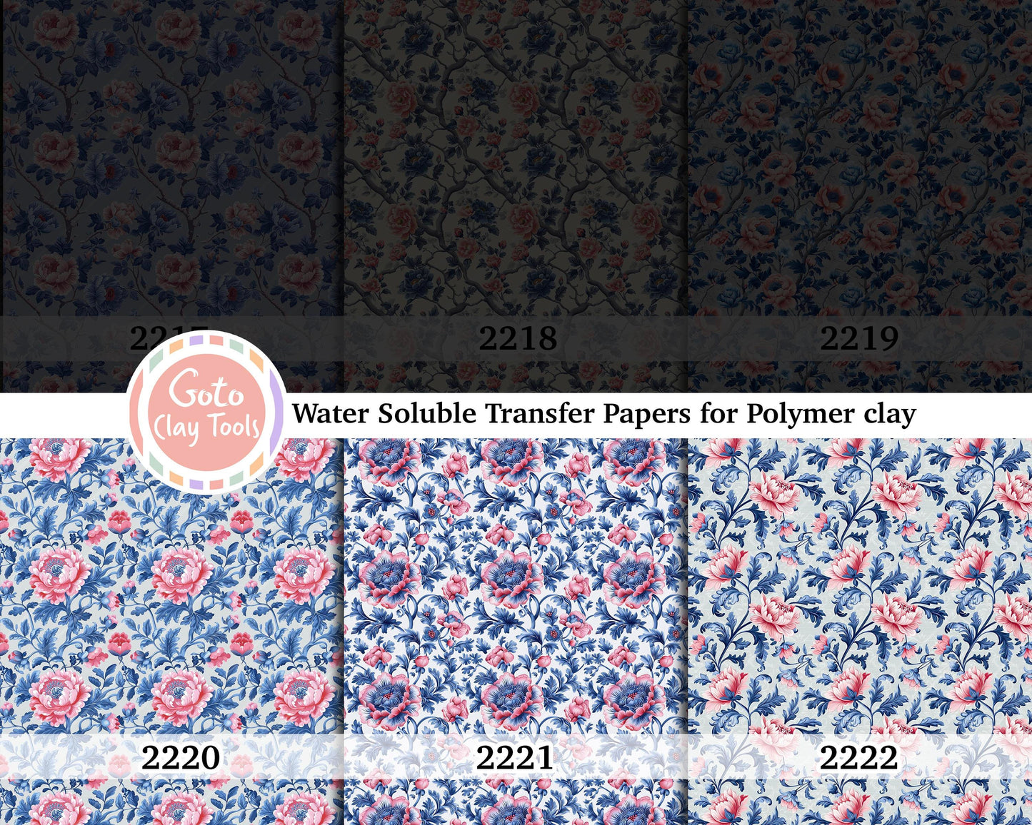 Water soluble Transfer paper for polymer clay, Blue and peach rose floral pattern, polymer clay image transfers, magic transfer paper