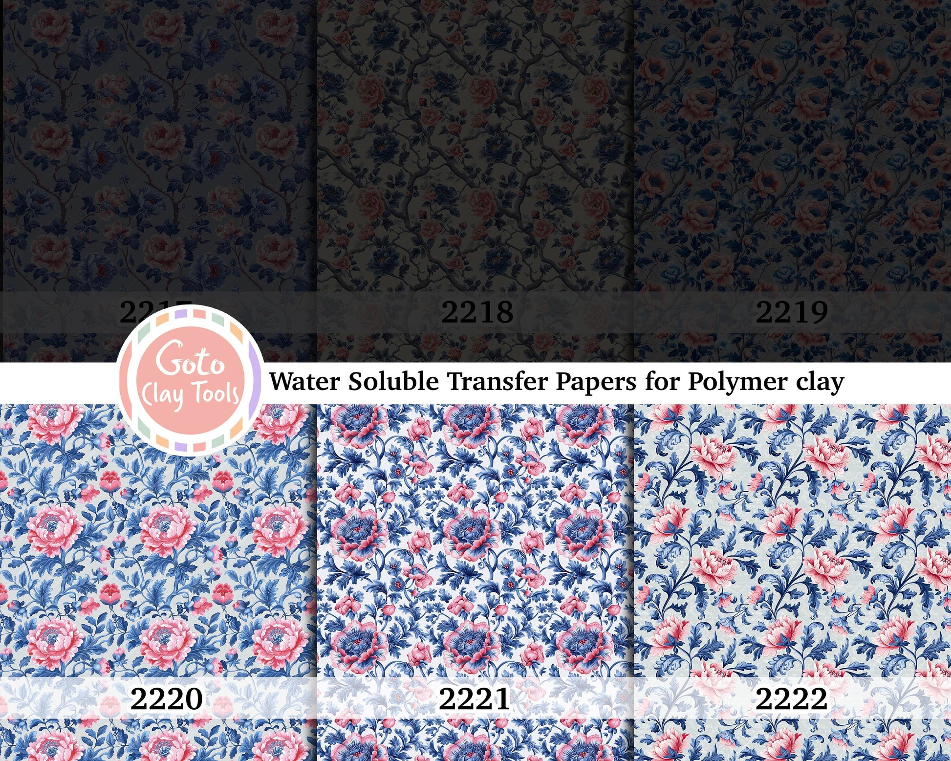 Water soluble Transfer paper for polymer clay, Blue and peach rose floral pattern, polymer clay image transfers, magic transfer paper