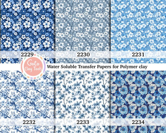 Water soluble Transfer paper for polymer clay, Blue floral pattern, polymer clay image transfers, magic transfer paper