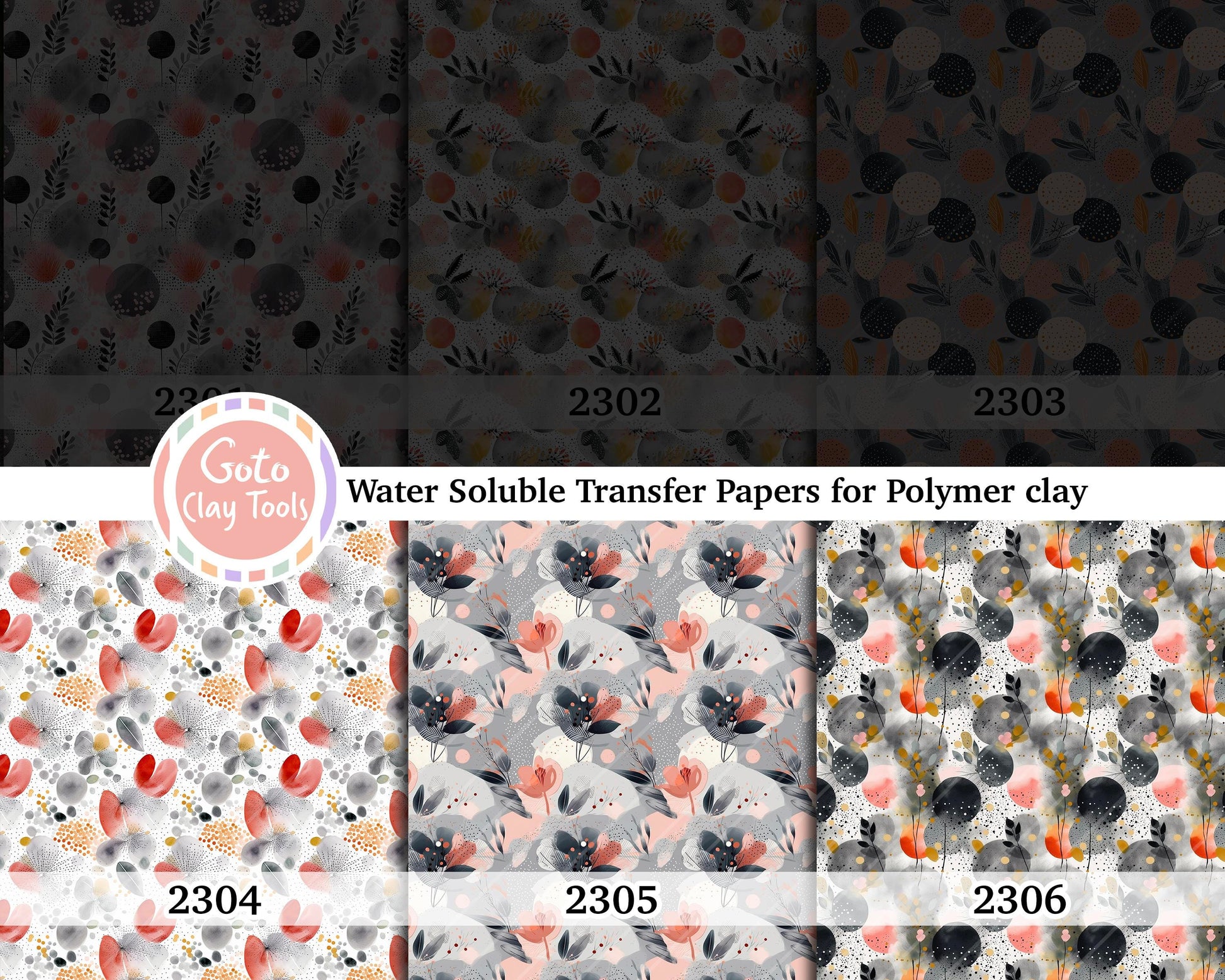 Water soluble Transfer paper for polymer clay, Watercolor circle and leaf pattern, polymer clay image transfers, magic transfer paper