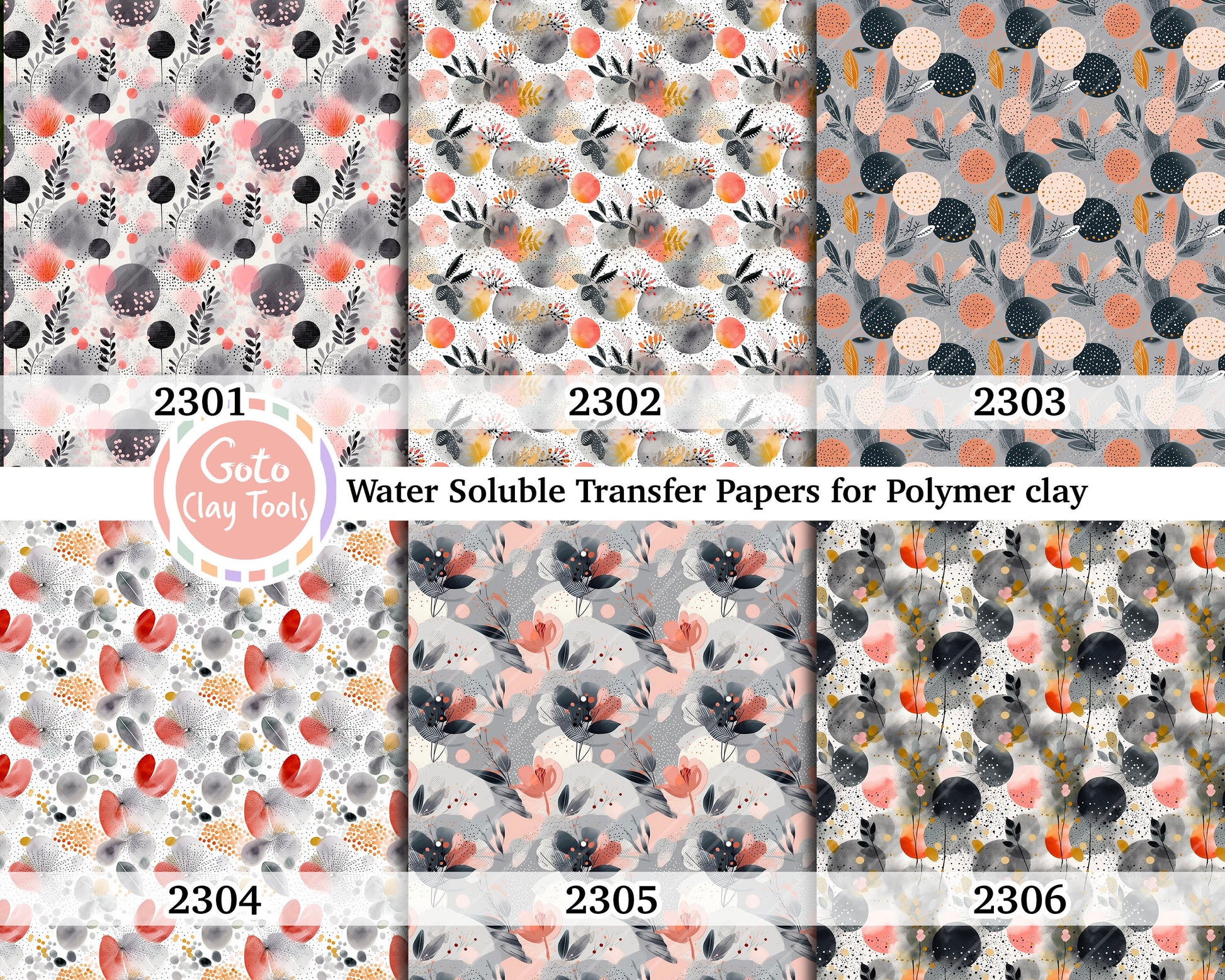 Water soluble Transfer paper for polymer clay, Watercolor circle and leaf pattern, polymer clay image transfers, magic transfer paper