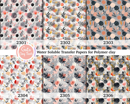Water soluble Transfer paper for polymer clay, Watercolor circle and leaf pattern, polymer clay image transfers, magic transfer paper
