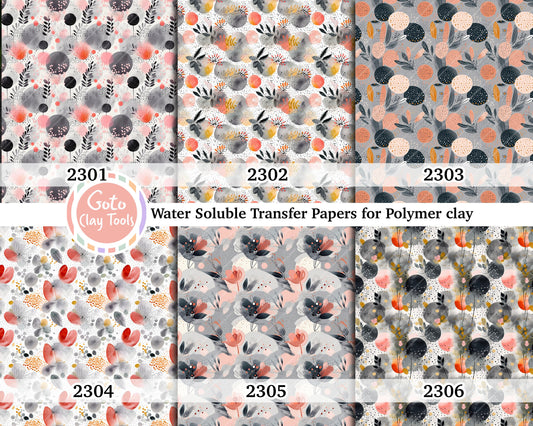 Water soluble Transfer paper for polymer clay, Watercolor circle and leaf pattern, polymer clay image transfers, magic transfer paper