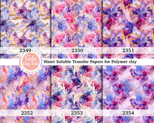 Water soluble Transfer paper for polymer clay, Purple and pink liquid floral pattern, polymer clay image transfers, magic transfer paper