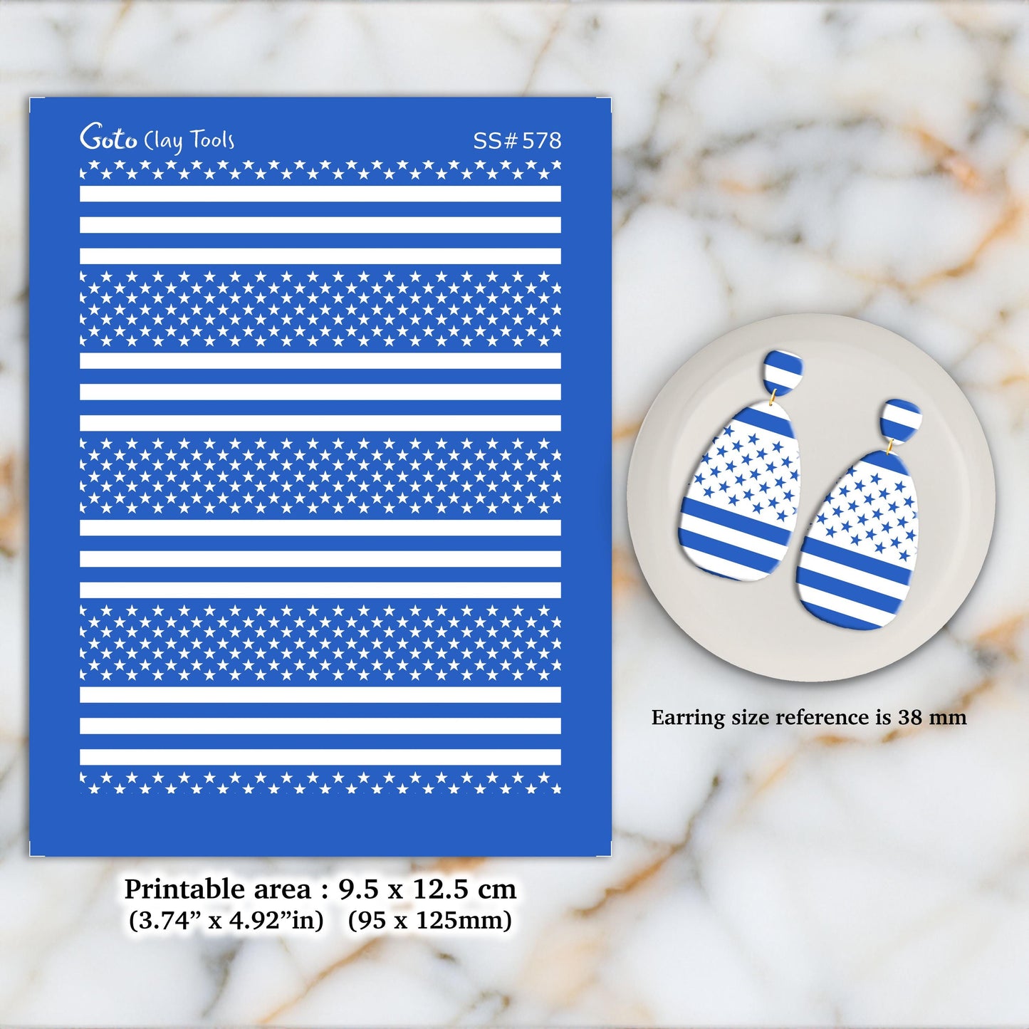 American Flag Silkscreen for Polymer Clay Earrings: 3.74" x 4.92".  SS#578