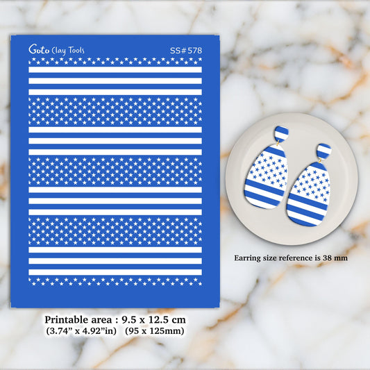 American Flag Silkscreen for Polymer Clay Earrings: 3.74" x 4.92".  SS#578