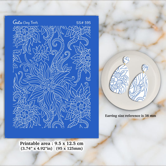 Floral Silkscreen for Polymer Clay Earrings: Hand-Drawn Stencil (3.74x4.92" Printable Area) SS#595