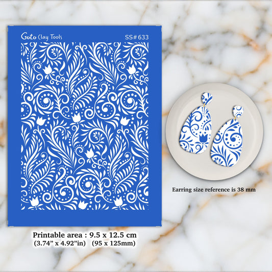 Ornamental Leaf Silkscreen for Polymer Clay Earrings: Jewelry Stencil SS#633