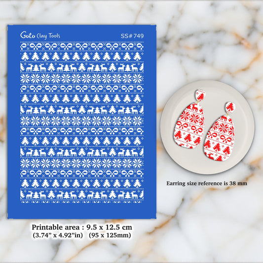 Christmas Silkscreen for Polymer Clay Earrings: Stencil SS#749-Single