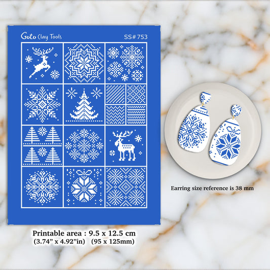 Christmas Silkscreen for Polymer Clay Earrings: Holiday Stencil (SS#753