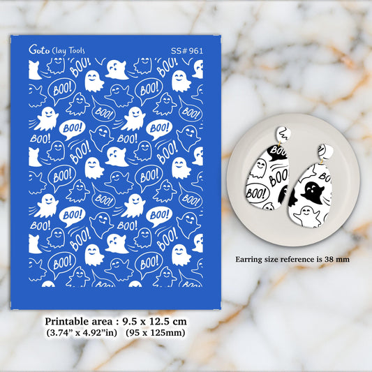 Halloween Ghost Silkscreen for Polymer Clay Earrings: Boo Design  SS#961