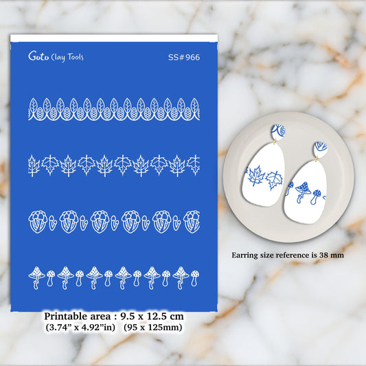 Mushroom Border Silkscreen for Polymer Clay Earrings: Jewelry Making SS#966