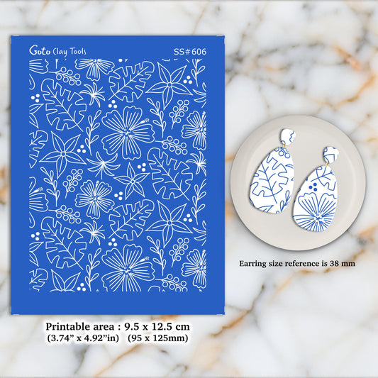 Floral Silkscreen for Polymer Clay Earrings: Jewelry Making Stencil SS#606