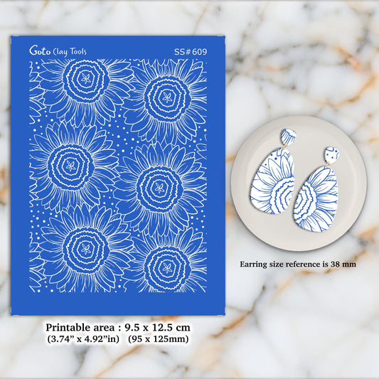 Sunflower Silkscreen for Polymer Clay Earrings: Jewelry Making Stencil SS#609