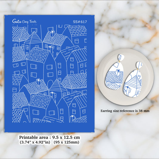 Buildings Silkscreen for Polymer Clay Earring making, Clay Stencils, Clay Earring Silkscreen, Polymer Clay Supplies SS#617